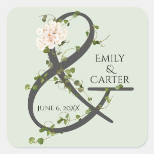 Wedding Hydrangea und Ivy Ampersand Quadratischer Aufkleber