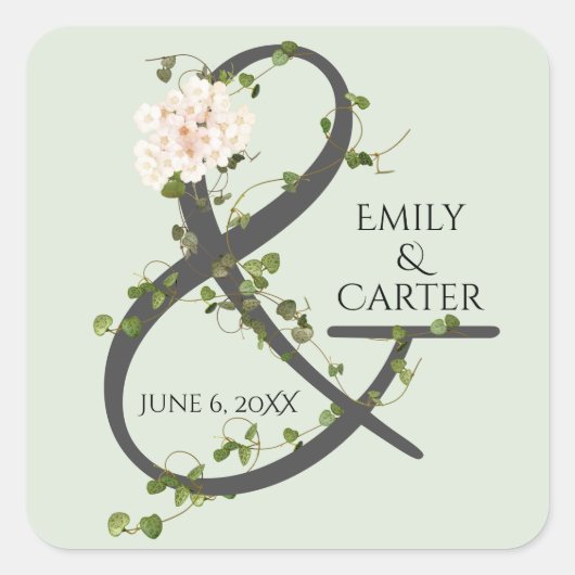 Wedding Hydrangea und Ivy Ampersand Quadratischer Aufkleber (Vorderseite)