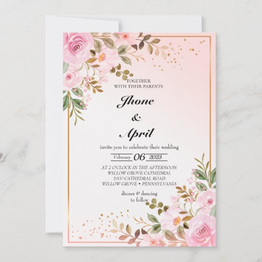 WEDDING INVANCE PINK GOLDE WITH FLOWERS EINLADUNG (Vorderseite)