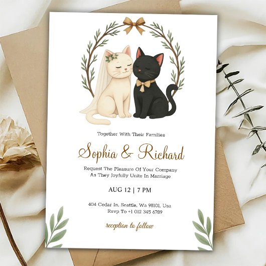 Wedding invitation card with a beige and black cat einladung