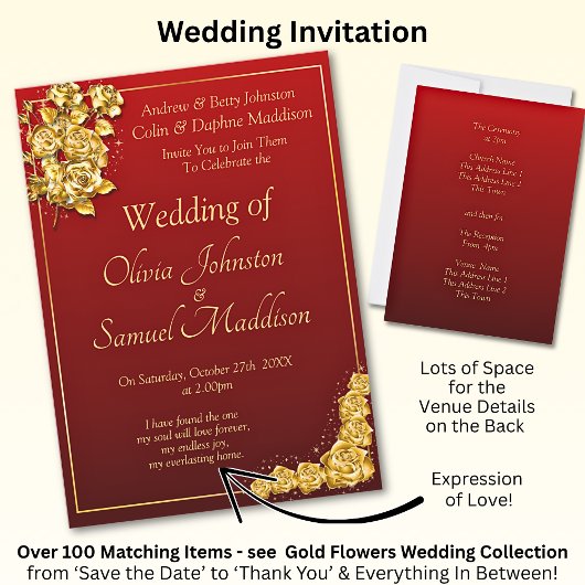 Wedding Invitation Gold Rose Flowers Maroon Red  Einladung