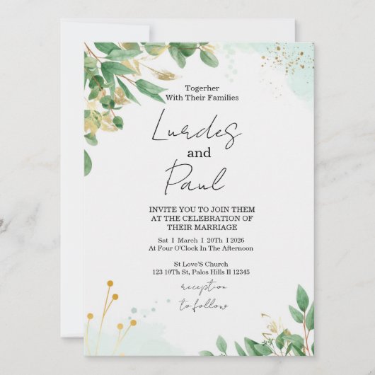  Wedding invitation  green flowers with gold Einladung (Vorderseite)