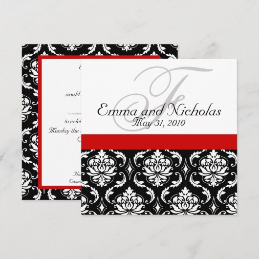 Wedding Invitation Monogram Damask Red Back View Einladung (Vorne/Hinten)
