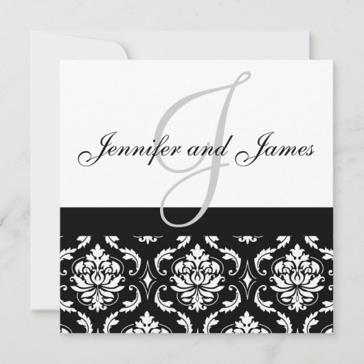 Wedding Invitation Monogram Names Black Damask Einladung (Vorderseite)