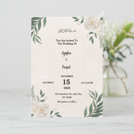Wedding Invitation with Elegant Greenery and White Programm (Stehend Vorderseite)
