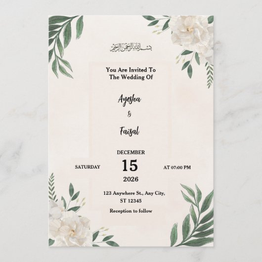 Wedding Invitation with Elegant Greenery and White Programm (Vorderseite)