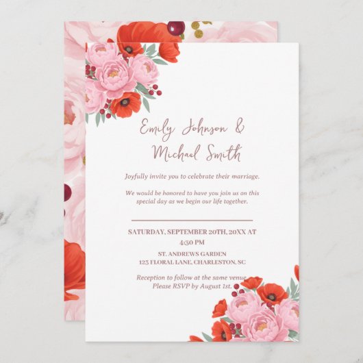 Wedding Invitation with Peonies and Poppies Einladung (Vorne/Hinten)