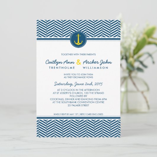 WEDDING INVITE nautischer Ankerherz gelb Einladung (Stehend Vorderseite)