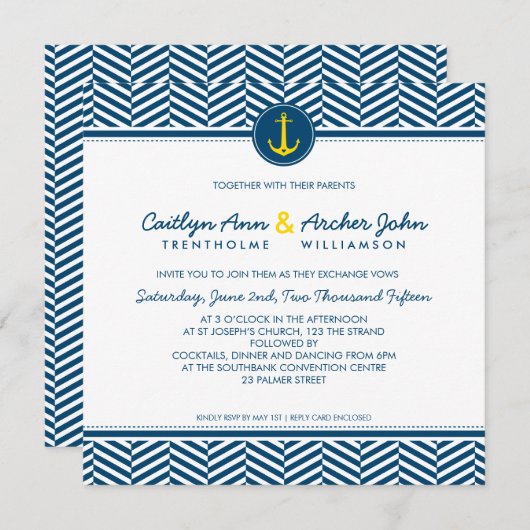 WEDDING INVITE nautischer Ankerherz gelb Einladung (Vorne/Hinten)