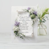 Wedding Invite Scroll with Lilacs and Hydrangeas  Einladung (Stehend Vorderseite)
