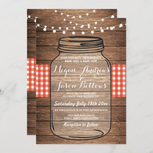 Wedding Jar Wood Rustic Red Gingham Einladung (Vorne/Hinten)