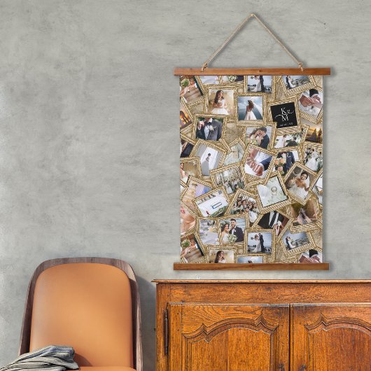 Wedding Keepake 30 Foto Collage Gold ID1065 Wandteppich Mit Holzrahmen