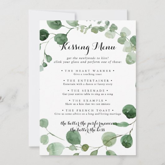 Wedding Kissing Menu Game Eukalyptus Card (Vorderseite)