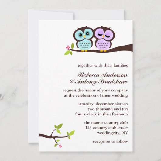 Wedding Lavendel-und Minzen-Eulen Einladung (Vorderseite)