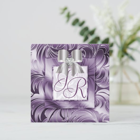 Wedding Leaf Floral Lila Silver Bow 2 Einladung (Stehend Vorderseite)