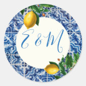 Wedding Lemon Blue Tile Monogram Summer Runder Aufkleber (Vorderseite)