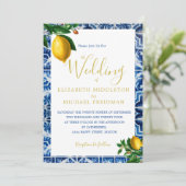 Wedding Lemons Blue White Tiles Tuscan Elegante Einladung (Stehend Vorderseite)