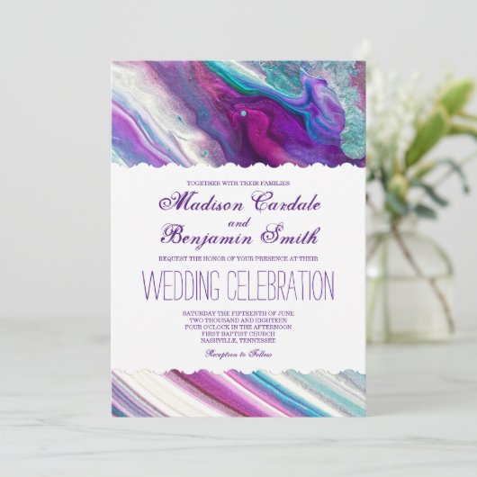 Wedding Lila und Aqua-abstrakter Farben-Wirbel Einladung (Stehend Vorderseite)