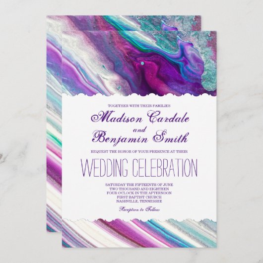 Wedding Lila und Aqua-abstrakter Farben-Wirbel Einladung (Vorne/Hinten)
