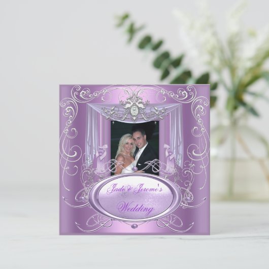 Wedding Lilac Lila Pink Silver Verziert Elegant Einladung (Stehend Vorderseite)