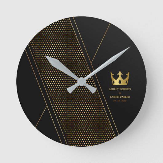 Wedding Luxury black golden geometric pattern Runde Wanduhr (Vorderseite)