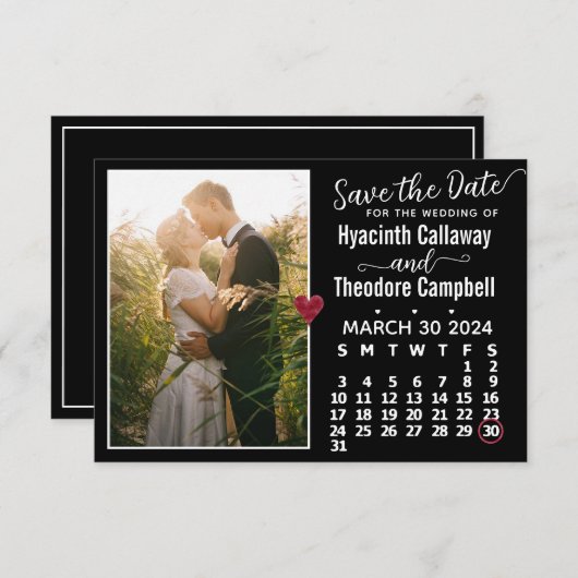Wedding März 2024 Kalender Custom Foto Black Save The Date (Vorne/Hinten)