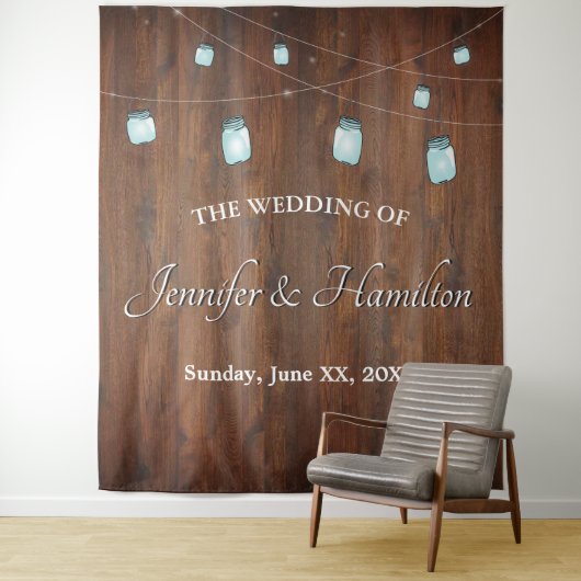 Wedding Mason Jar Lights Barn Wood Hintergrund Wandteppich (Beispiel)