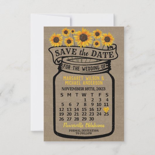 Wedding Mason Jar Sonnenblume November 2023 Kalend Save The Date (Vorderseite)
