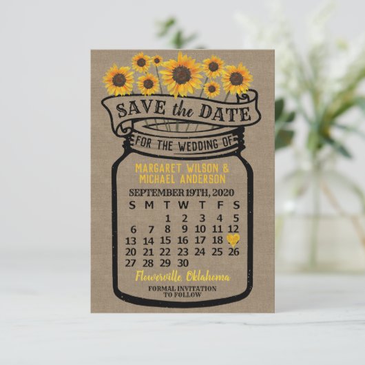 Wedding Mason Jar Sonnenblume September 2020 Monat Save The Date (Stehend Vorderseite)