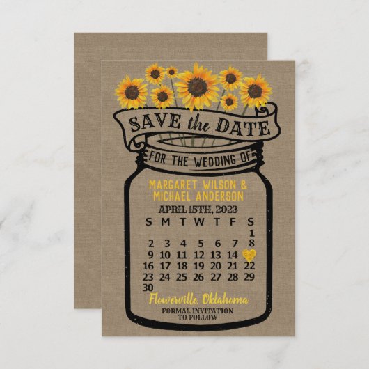 Wedding Mason Jar Sonnenblumen April 2023 Kalender Save The Date (Vorne/Hinten)