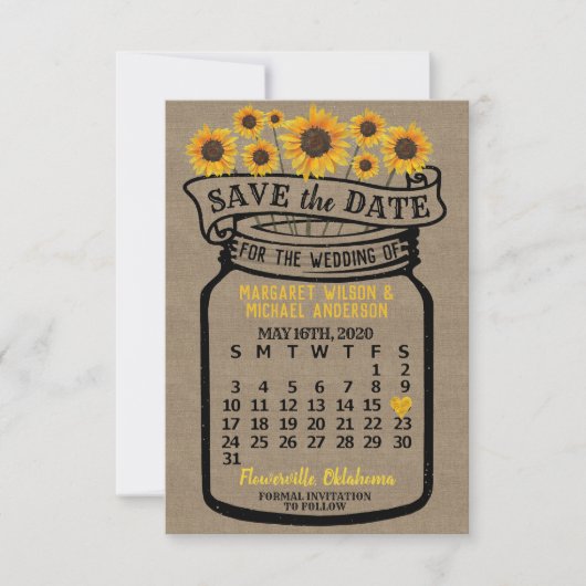 Wedding Mason Jar Sonnenblumen Mai 2020 Kalender Save The Date (Vorderseite)