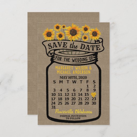 Wedding Mason Jar Sonnenblumen Mai 2020 Kalender Save The Date (Vorne/Hinten)