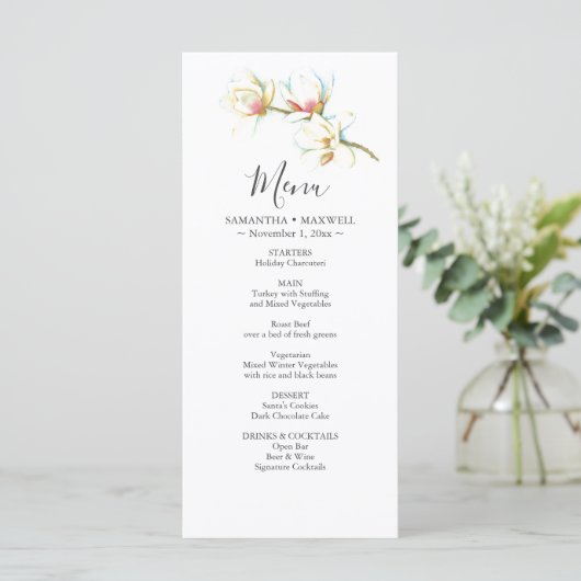 Wedding Menu Cards Watercolor White Flowers Menükarte (Stehend Vorderseite)