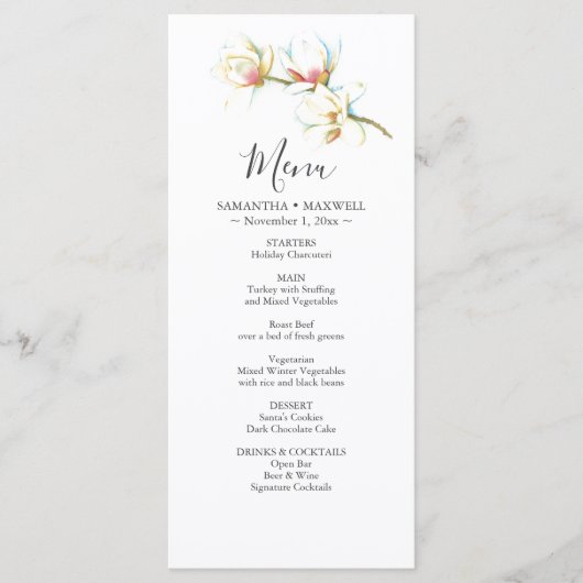 Wedding Menu Cards Watercolor White Flowers Menükarte (Vorderseite)