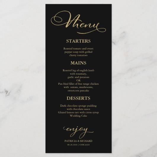 Wedding Menu Elegant Black Gold Foil Script Menükarte (Vorderseite)