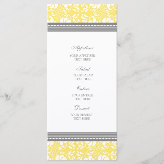 Wedding Menu Lemon Gray Damask Menükarte (Vorderseite)