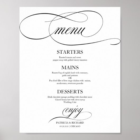 Wedding Menu Signieren Chic Black Script Poster (Vorne)