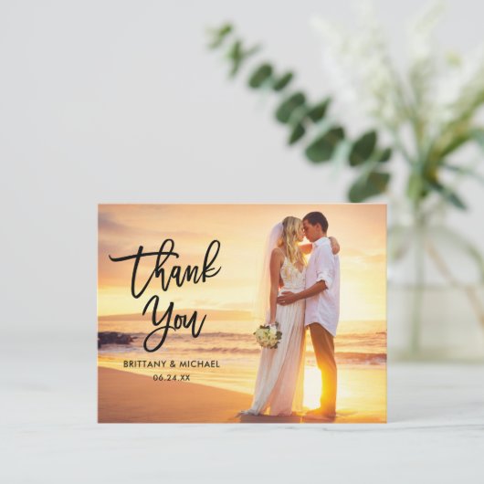 Wedding Modern Blk Pinselschrift Danke Postkarte (Stehend Vorderseite)