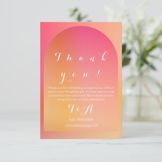 Wedding Modern Boho Arch Sunset Ombre Dankeskarte (Stehend Vorderseite)