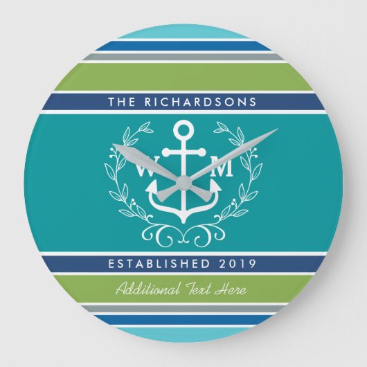 Wedding Monogram Anchor Laurel Wreath Aqua Stripes Große Wanduhr (Vorderseite)