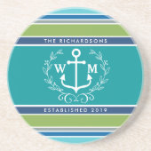 Wedding Monogram Anchor Laurel Wreath Aqua Stripes Sandstein Untersetzer (Vorne)