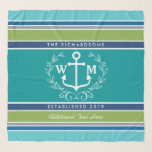 Wedding Monogram Anchor Laurel Wreath Aqua Stripes Schal<br><div class="desc">Ein eleganter weißer Anker mit Lorbeerblatt-Kranz ist das Mittelstück dieses einfachen, modischen, bunten Entwurfs, der stilvolle Streifen in den verschiedenen Tönen des Blaus kennzeichnen, Grüns und Graus. Frisch, Spaß, Seeentwurf perfekt während der heißen Sommerperiode. Dieser Entwurf ist das neutrale/Flüssigkeit Geschlecht und wird für alle Paare arbeiten. Fertigen Sie mit Ihren...</div>