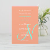 Wedding Monogram Cantaloupe Blue Einladung (Stehend Vorderseite)
