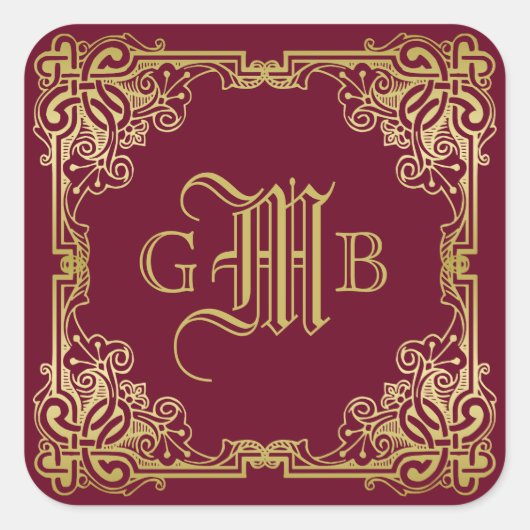 Wedding Monogram Classic Gold Frame Burgundy Quadratischer Aufkleber (Vorderseite)