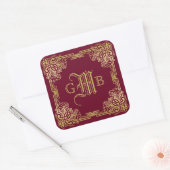 Wedding Monogram Classic Gold Frame Burgundy Quadratischer Aufkleber (Umschlag)