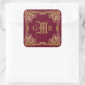 Wedding Monogram Classic Gold Frame Burgundy Quadratischer Aufkleber (Tasche)