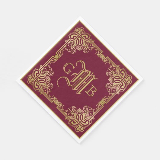 Wedding Monogram Classic Gold Frame Burgundy Serviette (Ecke)