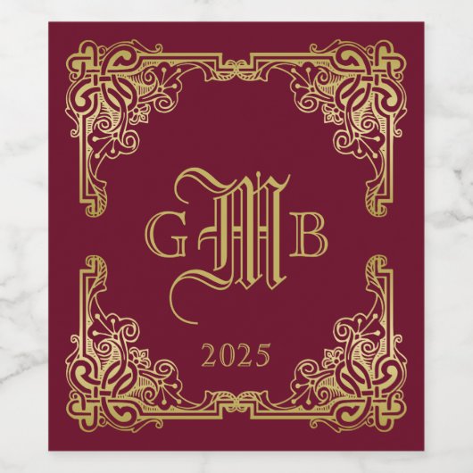 Wedding Monogram Classic Gold Frame Burgundy Weinetikett (Einzelnes Label)
