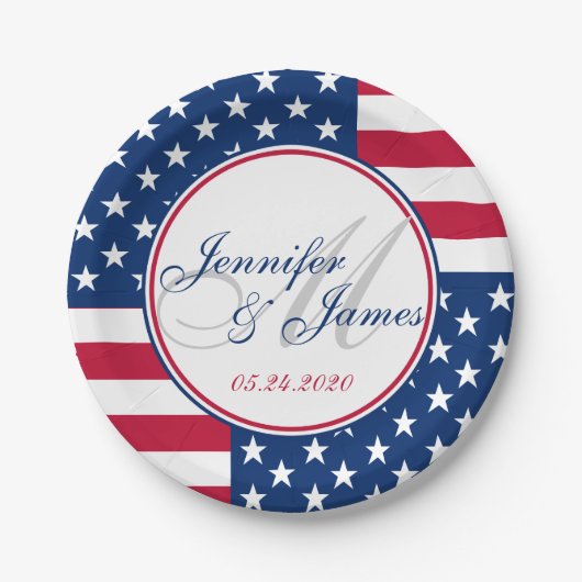 Wedding Monogram Custom USA Flag Pappteller (Vorderseite)