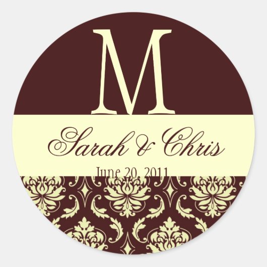 Wedding Monogram Damask Brown ElfenbeinSiegel Runder Aufkleber (Vorderseite)